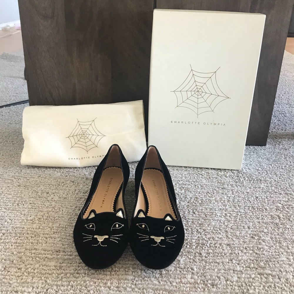 Charlotte Olympia Black Velvet Kitty Flats
